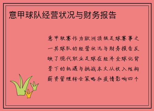 意甲球队经营状况与财务报告